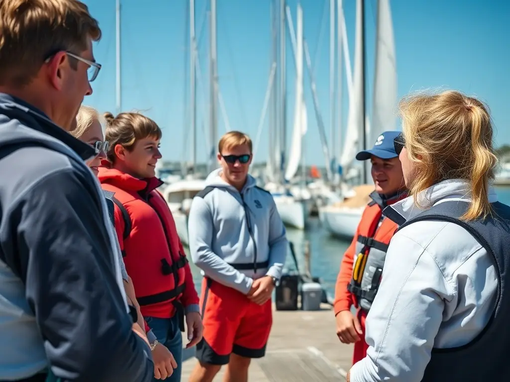A group of individuals participating in a sailing lesson, demonstrating teamwork and the practical application of nautical skills.