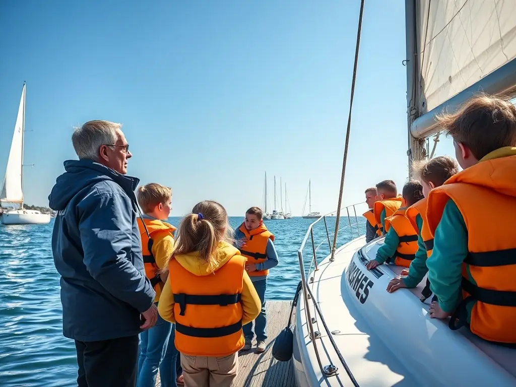 An instructor demonstrating proper sailing techniques to a group of students, highlighting safety and skill development.