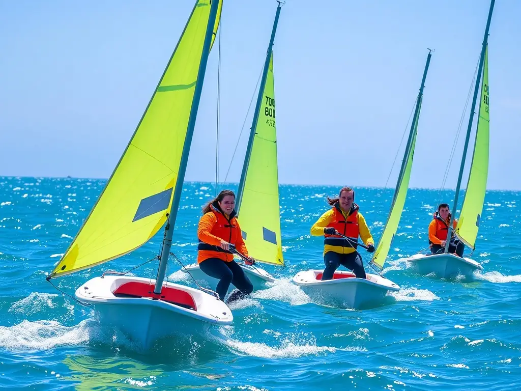 A vibrant image of people sailing during a sunny day, showcasing teamwork and the joy of nautical sports. The scene captures the essence of a sailing program offered by CENT NAUTIQ COUARDAIS DE GOISIL.