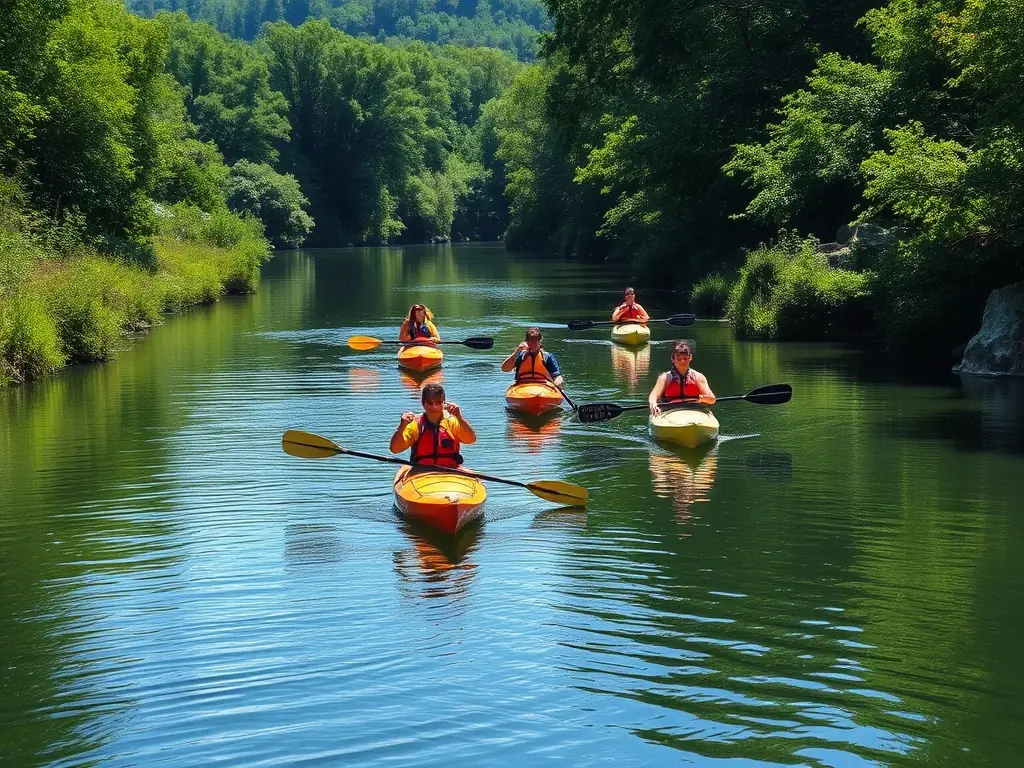 A group of people kayaking in a calm bay, surrounded by lush greenery. The kayakers are smiling and paddling in unison, showcasing the teamwork and enjoyment of the activity.