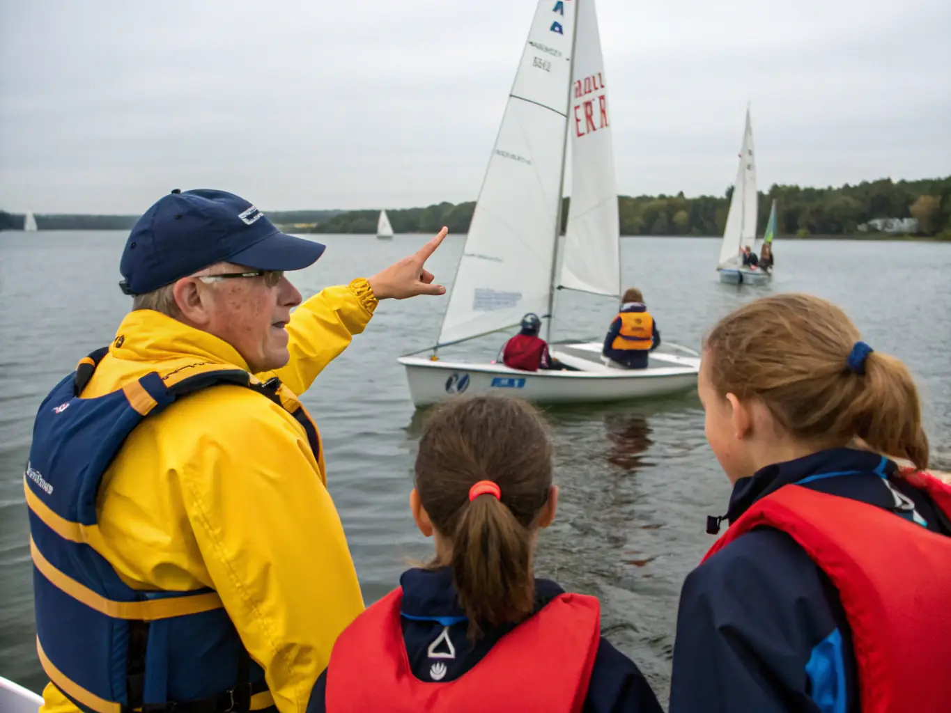 A group of young adults learning to sail on a small sailboat, with an instructor providing guidance. The scene is set on a sunny day with a clear blue sky and calm waters, emphasizing the fun and educational aspects of sailing.