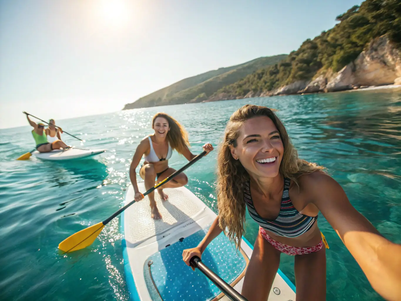 A group of people paddleboarding at sunset, highlighting the relaxation and fitness aspects of the sport. The image promotes the paddleboarding programs offered by CENT NAUTIQ COUARDAIS DE GOISIL.