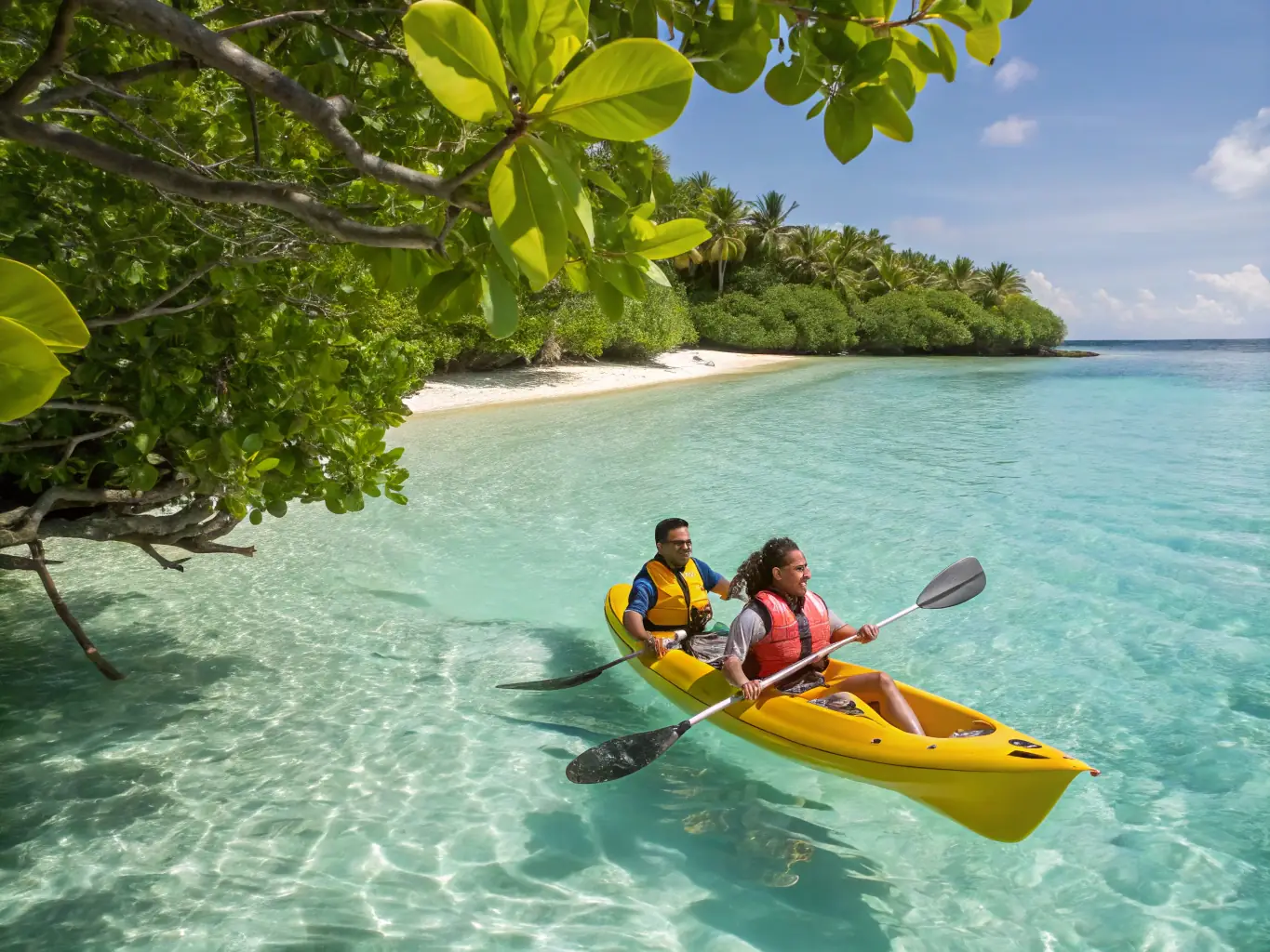A dynamic image of people kayaking in a sunny, coastal environment, showcasing the joy and physical activity involved in the sport.