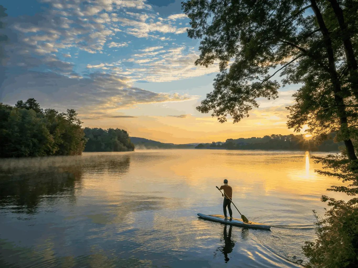 An image of people paddleboarding on a calm sea at sunset, emphasizing the tranquility and fitness benefits of the activity.