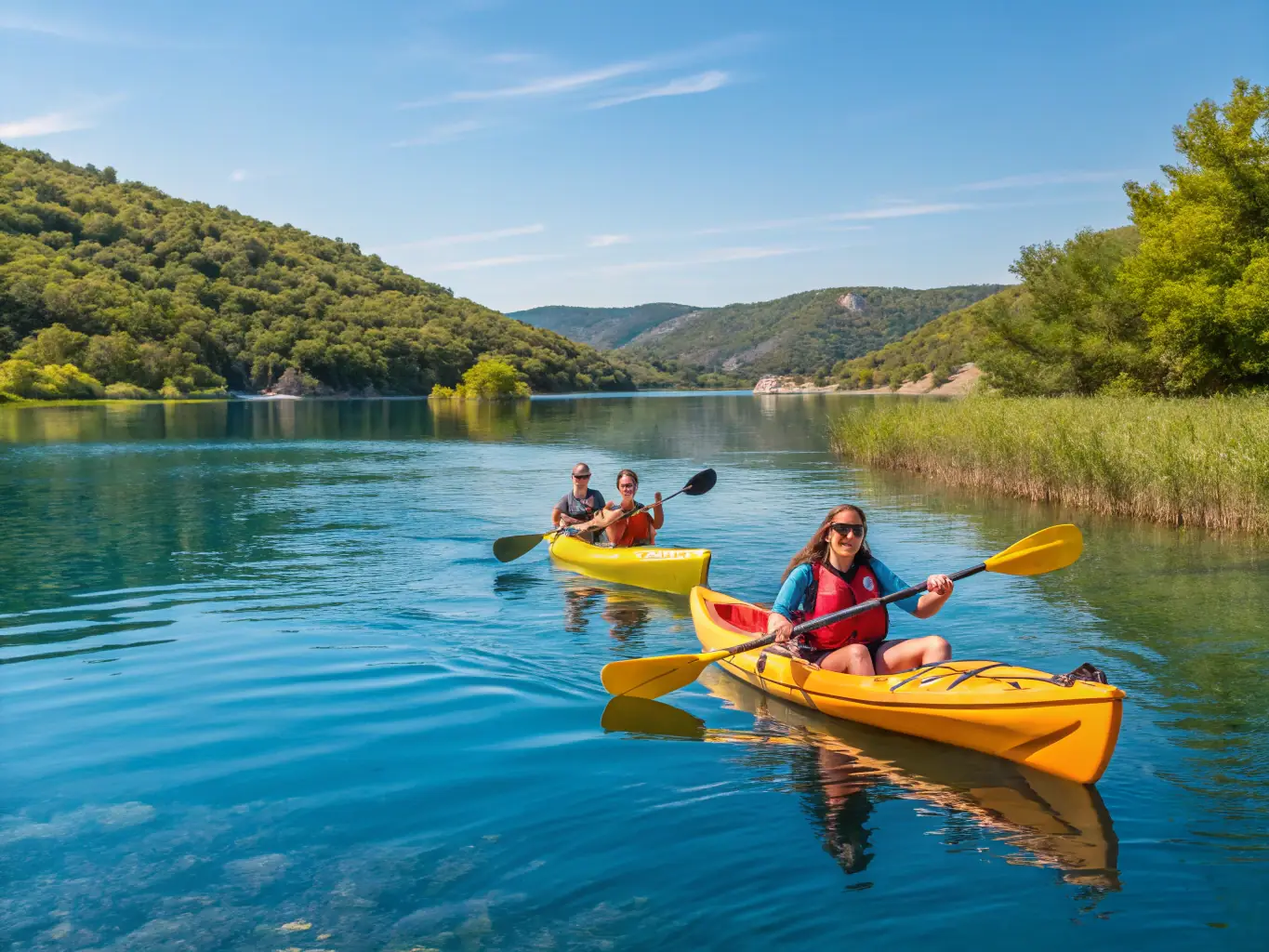 A group of kayakers paddling together on a sunny day, demonstrating teamwork and physical activity in a safe environment.