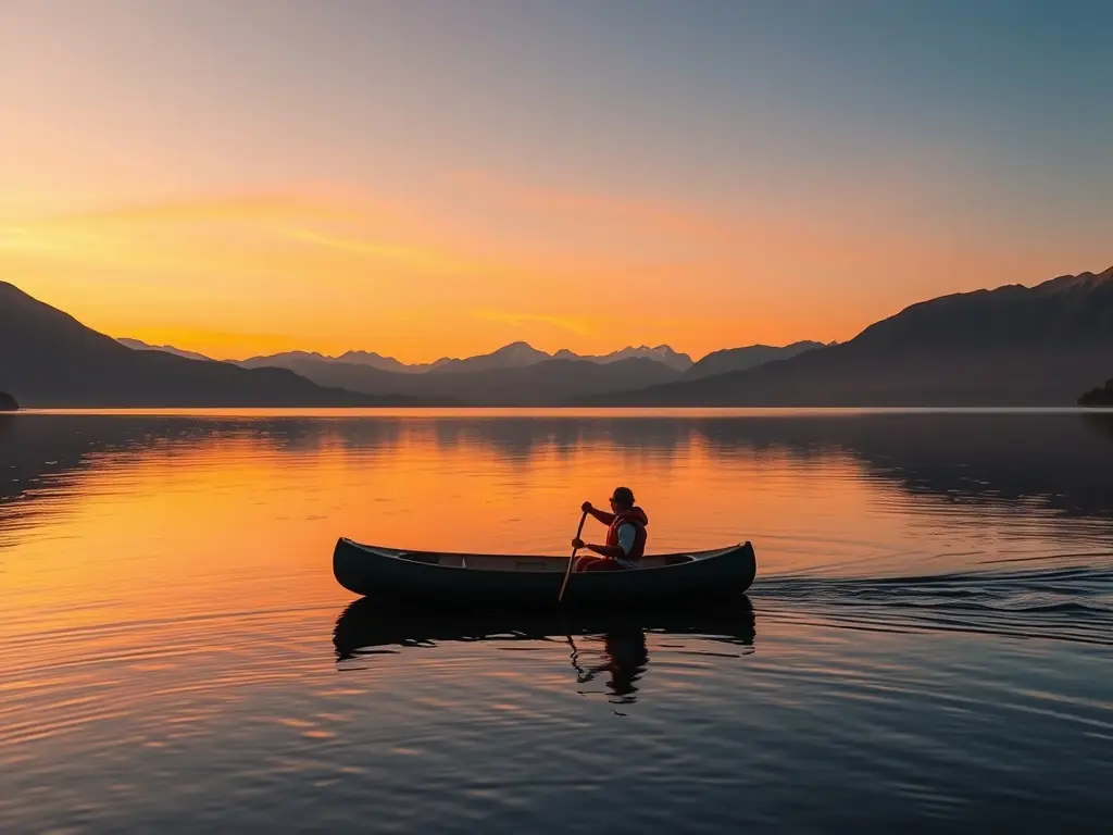 A group of people paddleboarding on a serene lake at sunset. The warm colors of the sunset reflect on the water, creating a peaceful and picturesque scene. The paddleboarders are relaxed and enjoying the moment.